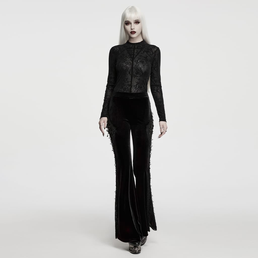 PUNK RAVE Women's Gothic Rose Jacquard Long Sleeve Top Black