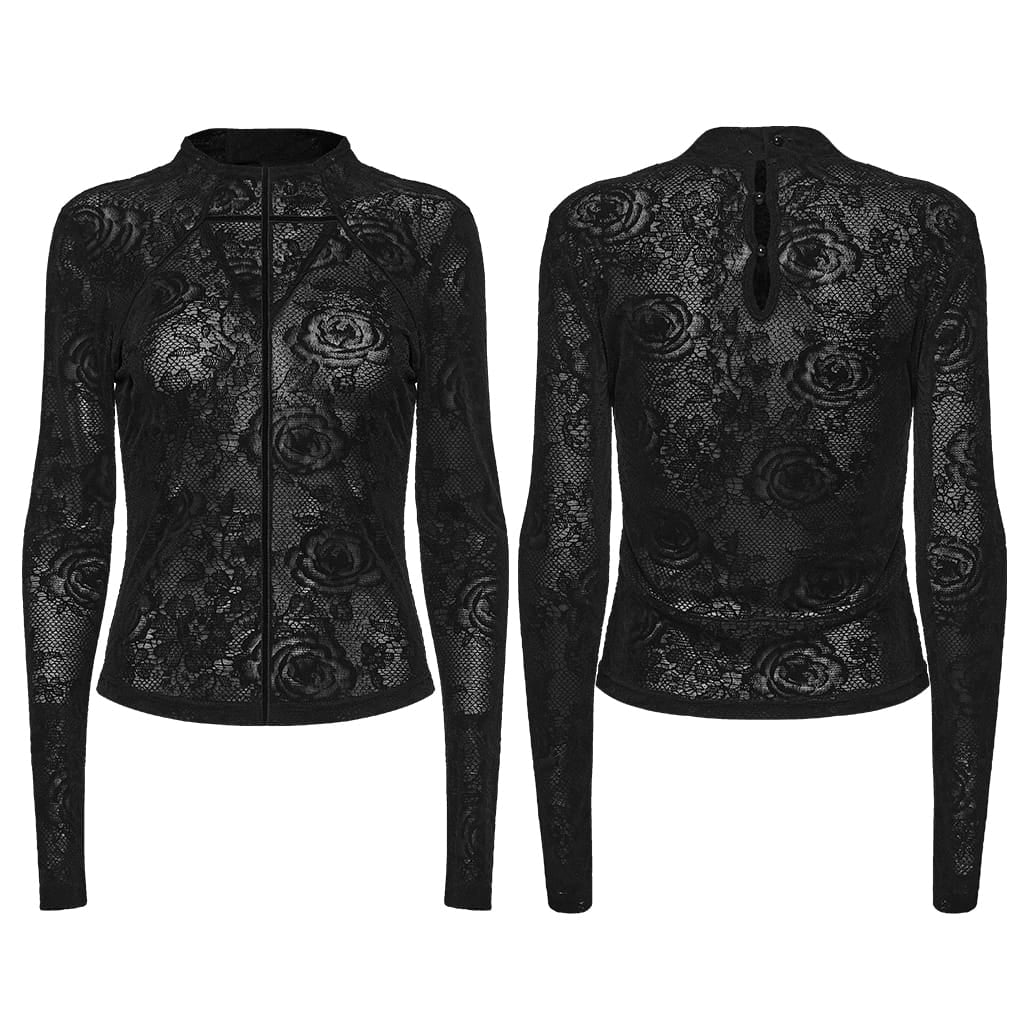 PUNK RAVE Women's Gothic Rose Jacquard Long Sleeve Top Black