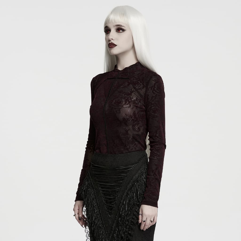 PUNK RAVE Women's Gothic Rose Jacquard Long Sleeve Top Red