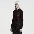 PUNK RAVE Women's Gothic Rose Jacquard Long Sleeve Top Red