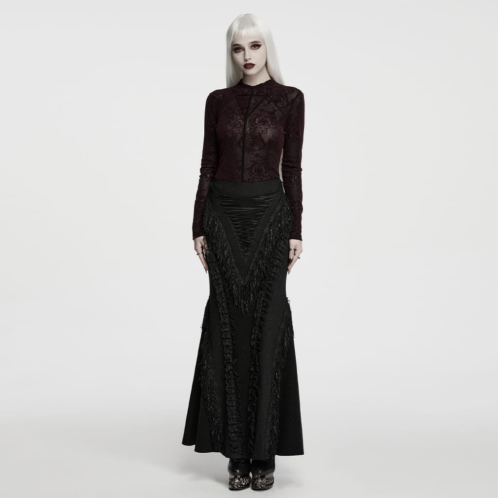 PUNK RAVE Women's Gothic Rose Jacquard Long Sleeve Top Red