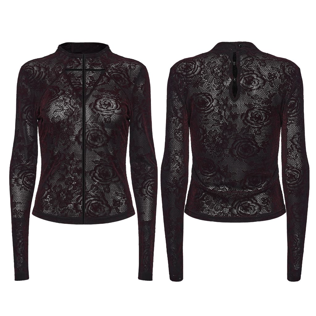 PUNK RAVE Women's Gothic Rose Jacquard Long Sleeve Top Red