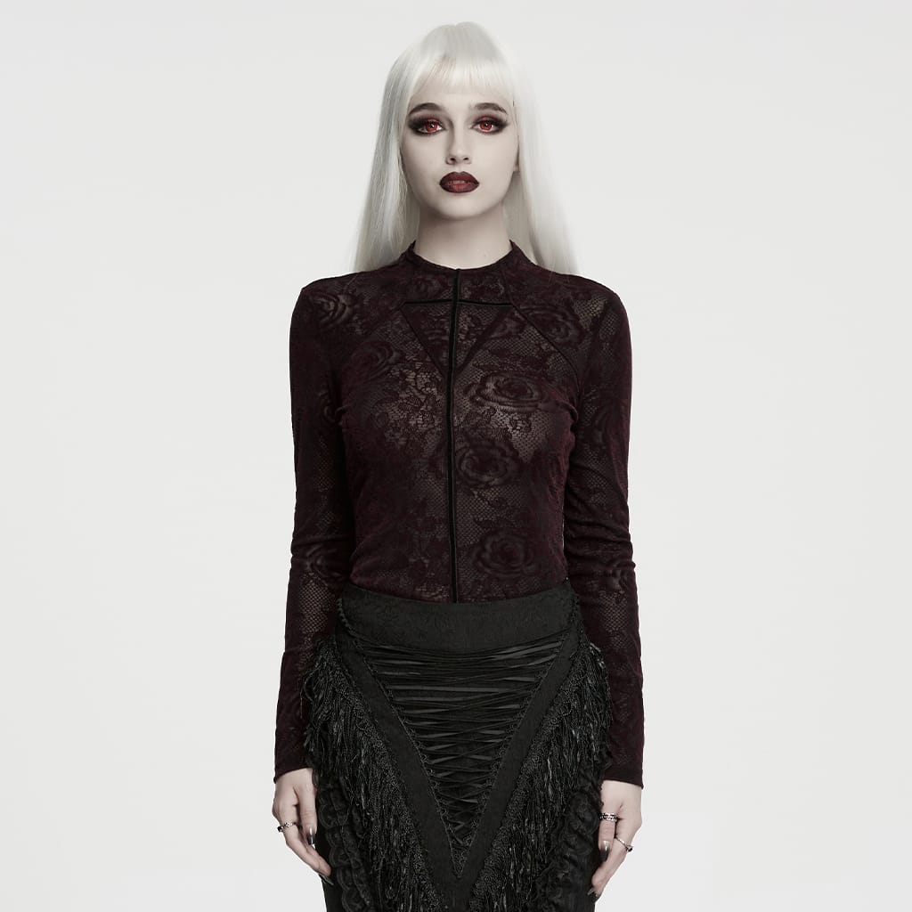 PUNK RAVE Women's Gothic Rose Jacquard Long Sleeve Top Red