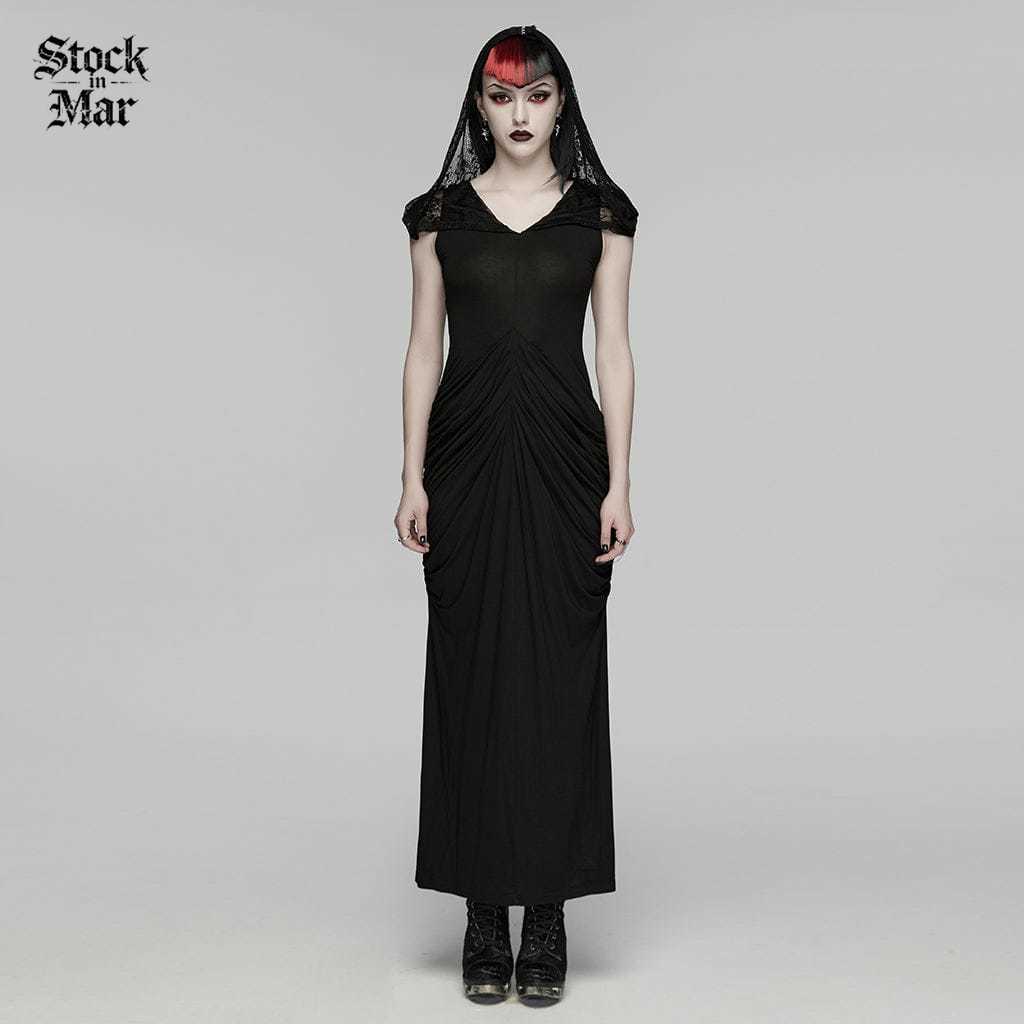 PUNK RAVE Women's Gothic Ruched Hooded Nun Dress