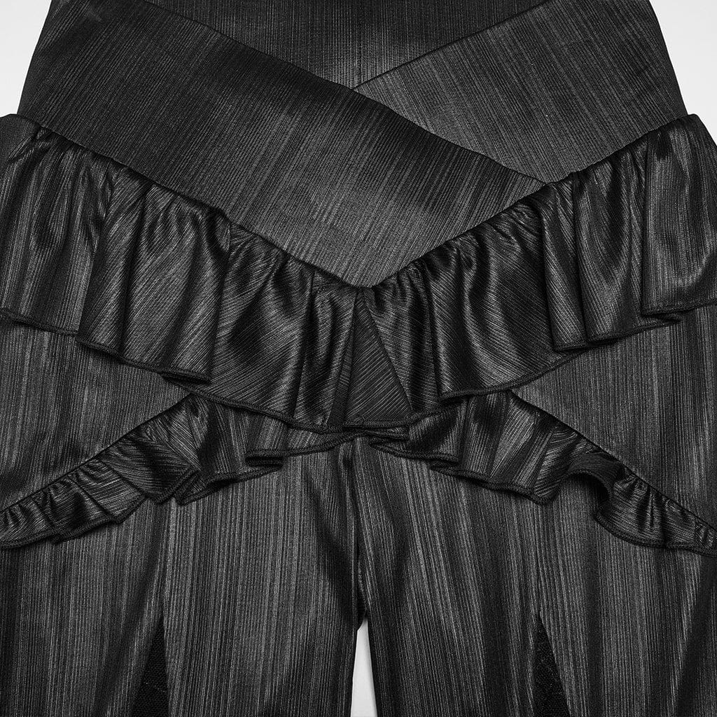 PUNK RAVE Women's Gothic Ruffled Cobweb Pattern Flared Pants