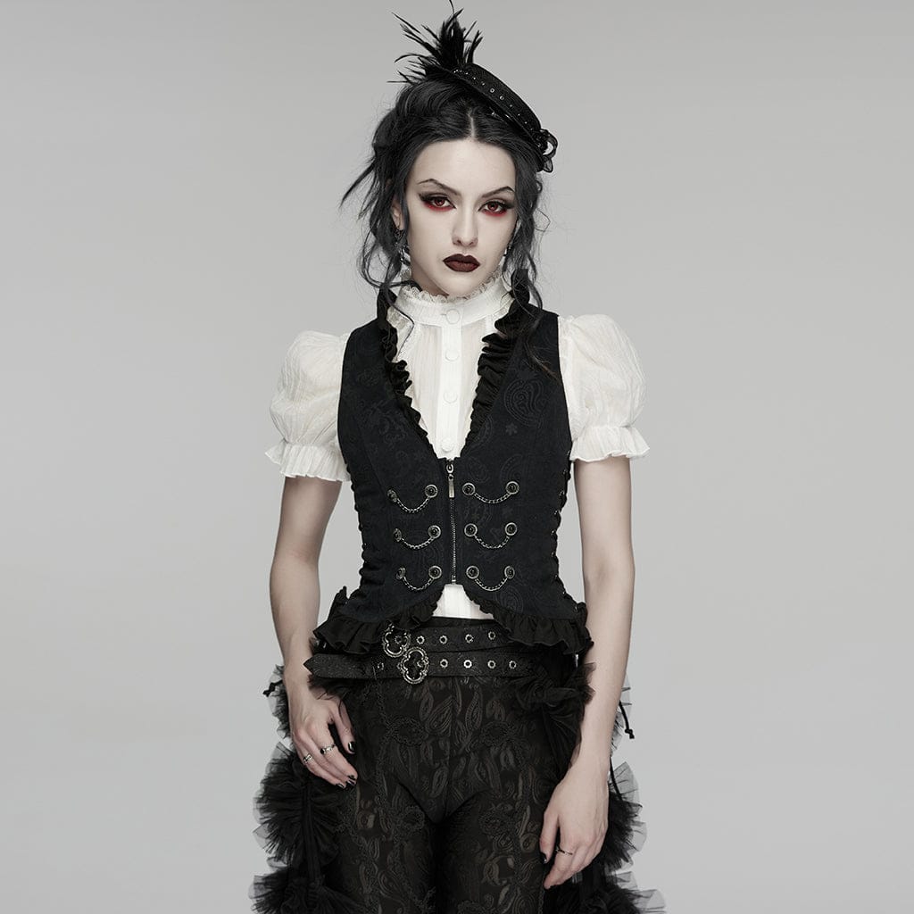 PUNK RAVE Women's Gothic Ruffled Drawstring Vest