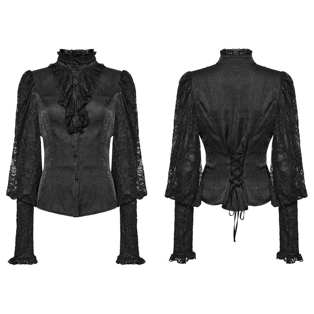 PUNK RAVE Women's Gothic Ruffled Lace Lace-Up Long Sleeved Shirt