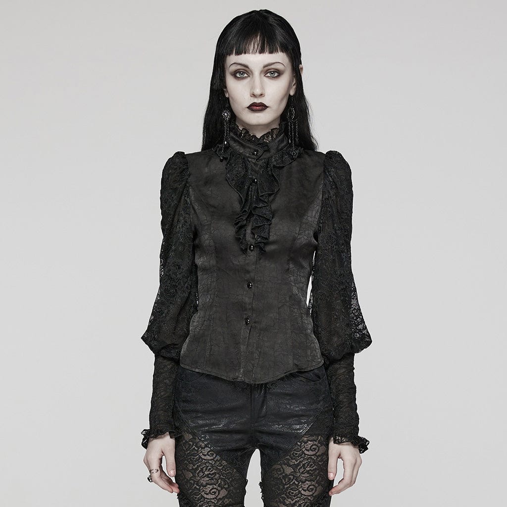 PUNK RAVE Women's Gothic Ruffled Lace Lace-Up Long Sleeved Shirt