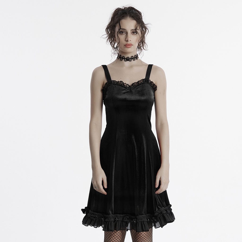 PUNK RAVE Women's Gothic Ruffled Lace Splice Gradient Velvet Slip Dress