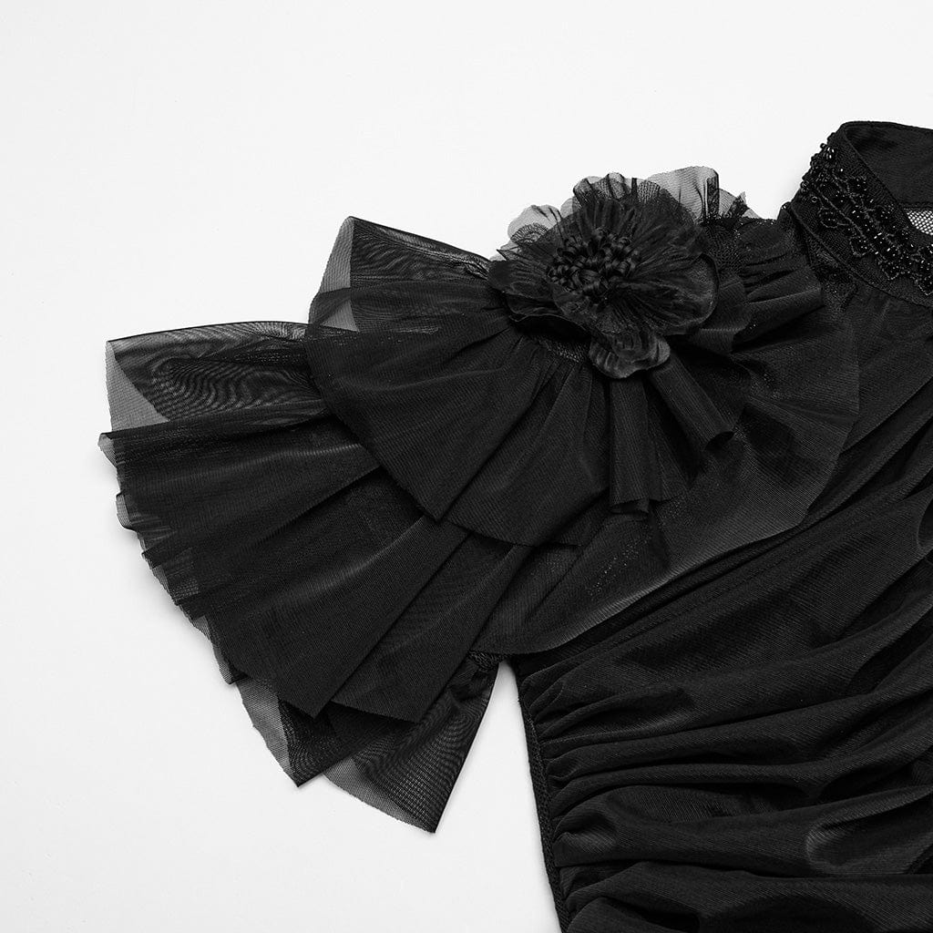 PUNK RAVE Women's Gothic Ruffled Lace Splice Layered Ball Gown Dress