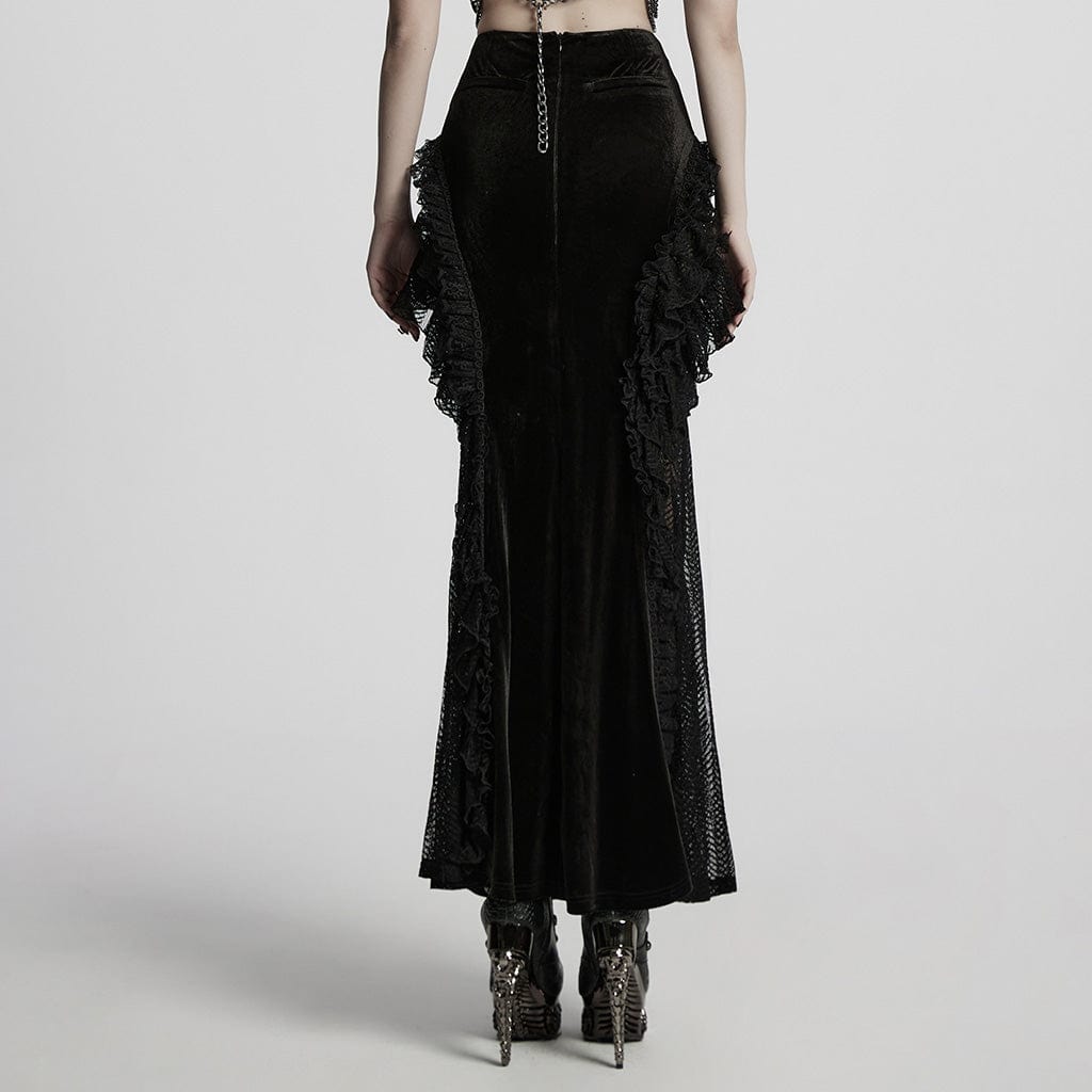 PUNK RAVE Women's Gothic Ruffled Lace Splice Velvet Fishtail Skirt