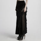 PUNK RAVE Women's Gothic Ruffled Lace Splice Velvet Fishtail Skirt
