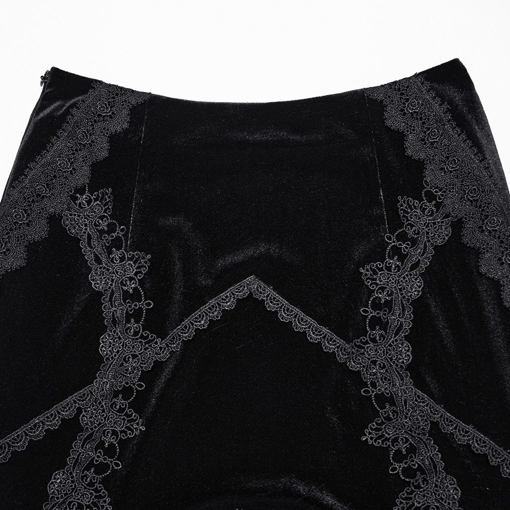 PUNK RAVE Women's Gothic Ruffled Lace Splice Velvet Fishtailed Skirt