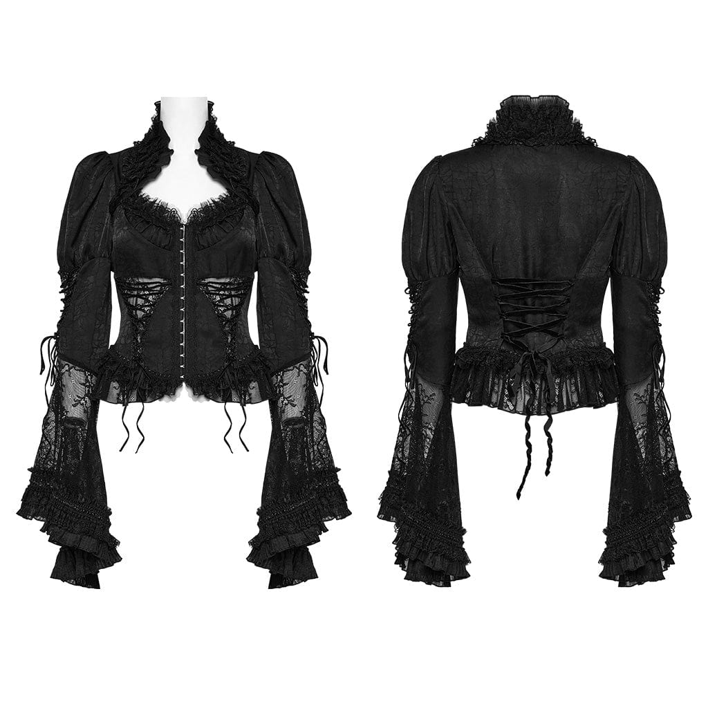 PUNK RAVE Women's Gothic Ruffled Spaghetti Strap Lace Long Toned Horn Sleeved Shirt