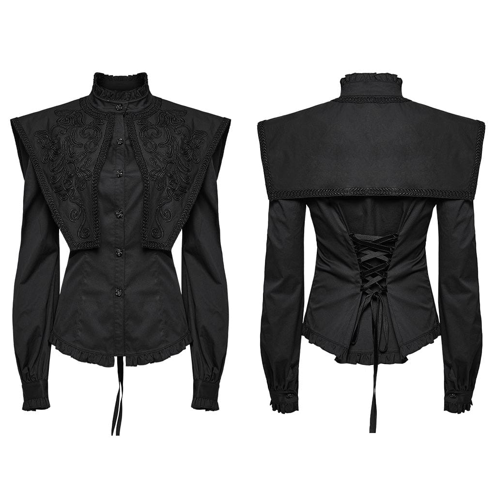 PUNK RAVE Women's Gothic Ruffled Stand Collar Lace-up Shirt Black