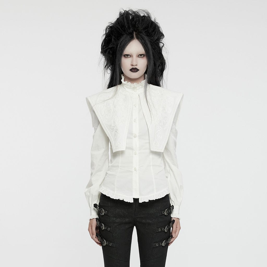 PUNK RAVE Women's Gothic Ruffled Stand Collar Lace-up Shirt White