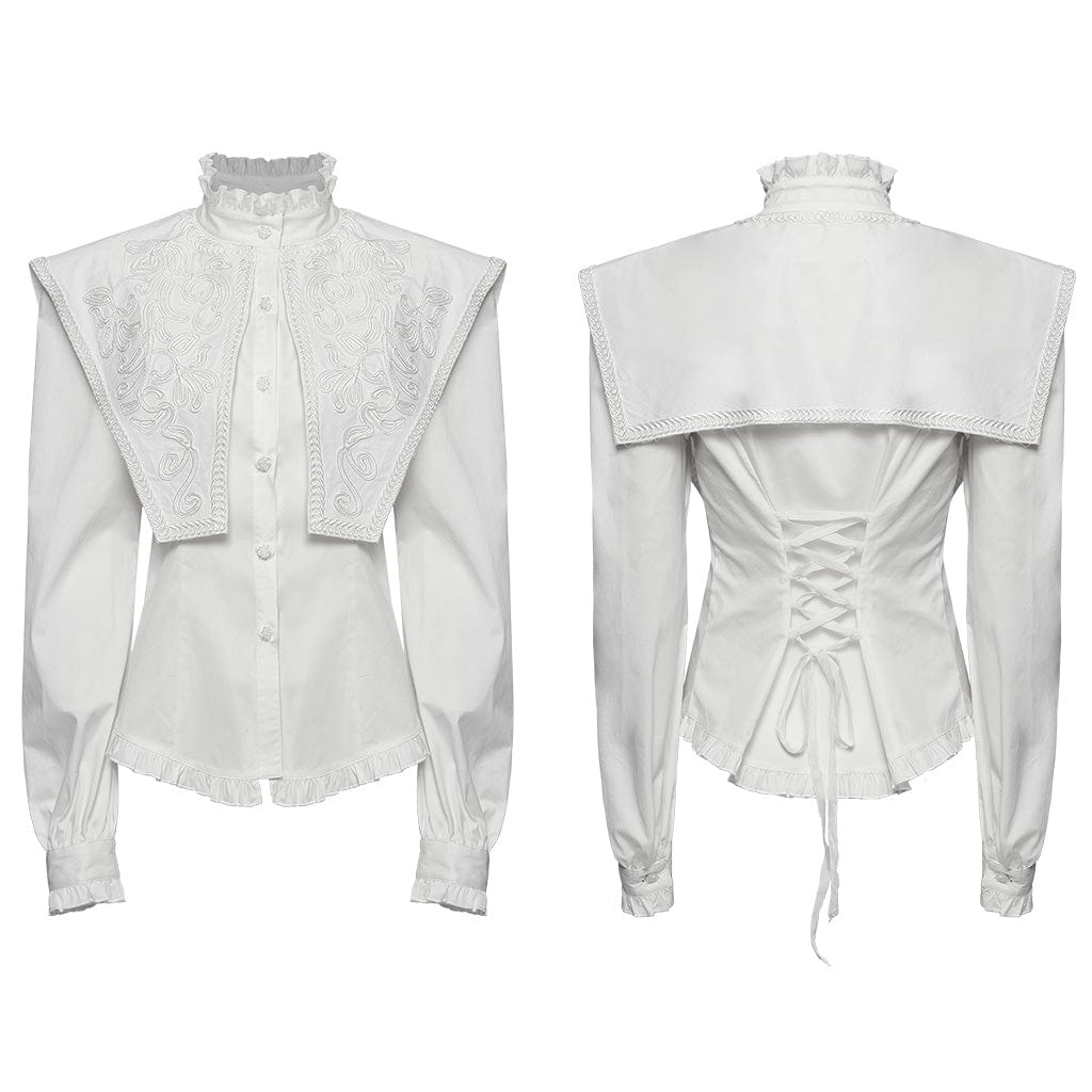 PUNK RAVE Women's Gothic Ruffled Stand Collar Lace-up Shirt White