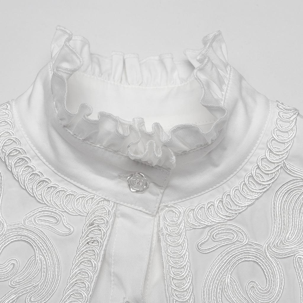 PUNK RAVE Women's Gothic Ruffled Stand Collar Lace-up Shirt White