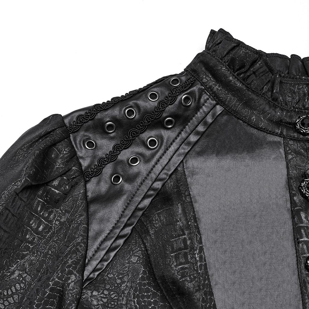 PUNK RAVE Women's Gothic Ruffled Stand Collar Puff Sleeved Shirt