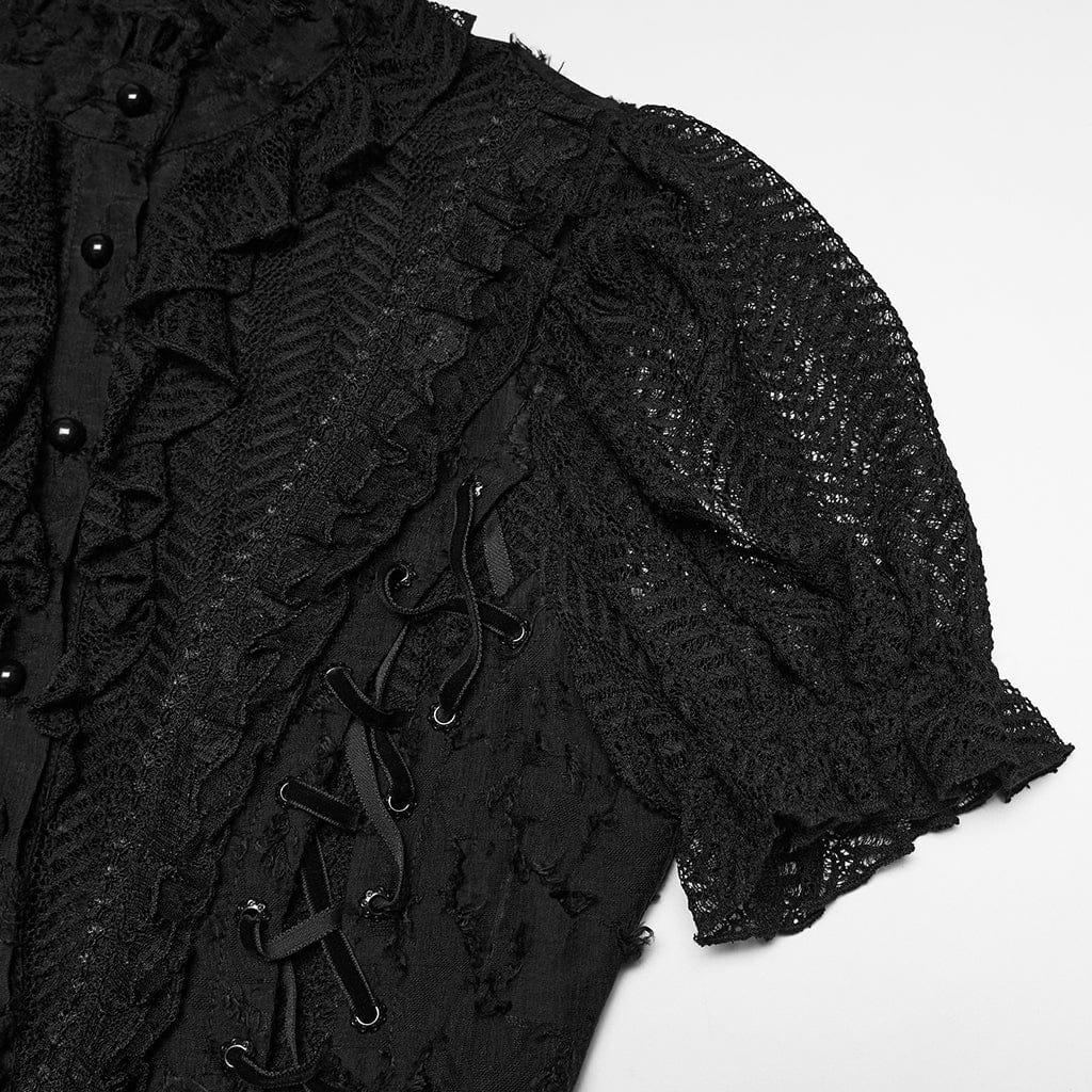 PUNK RAVE Women's Gothic Ruffled Stand Collar Short Sleeved Shirt