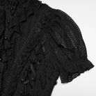 PUNK RAVE Women's Gothic Ruffled Stand Collar Short Sleeved Shirt