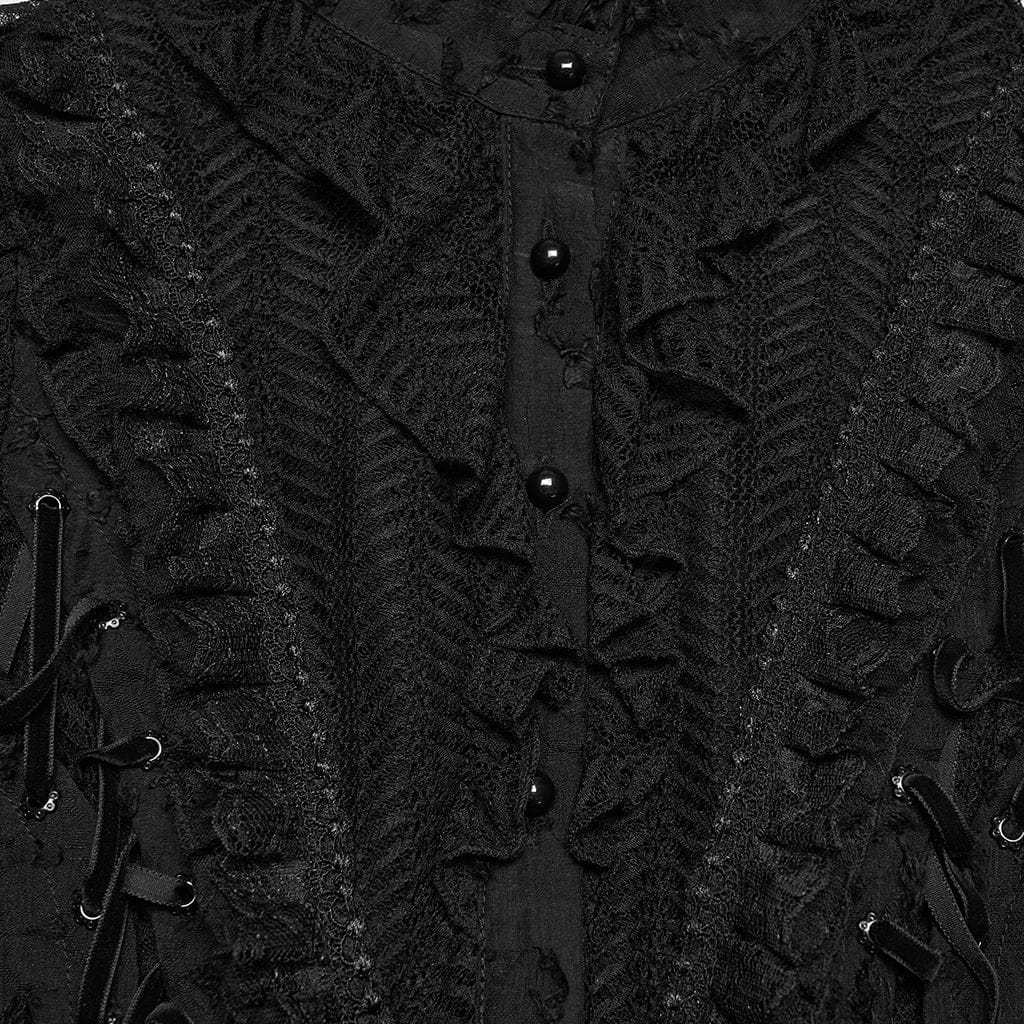 PUNK RAVE Women's Gothic Ruffled Stand Collar Short Sleeved Shirt