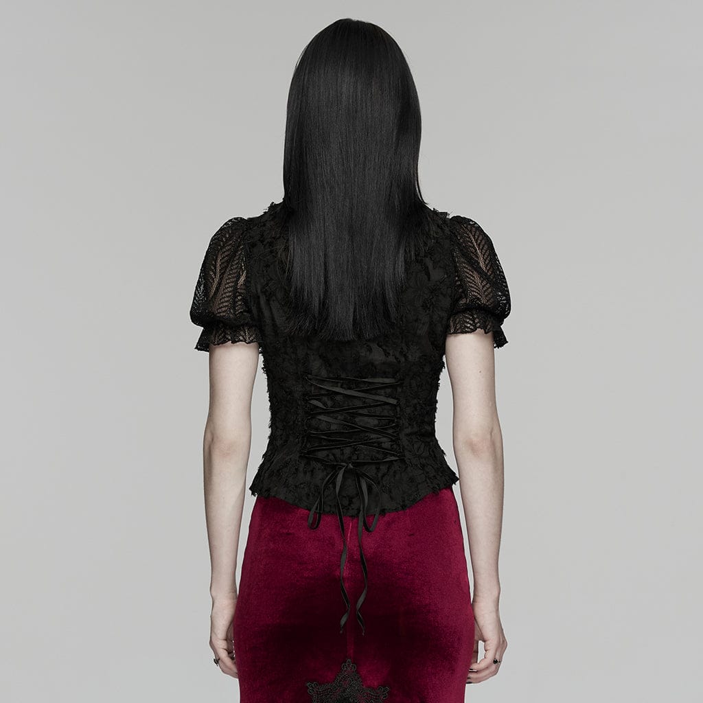 PUNK RAVE Women's Gothic Ruffled Stand Collar Short Sleeved Shirt