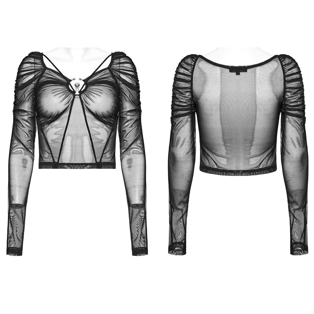 PUNK RAVE Women's Gothic Sheer Lace-Up Mesh Long Sleeved Crop Top