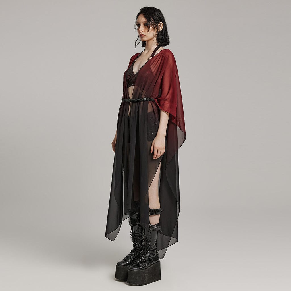 PUNK RAVE Women's Gothic Sheer Ruffled Loose Sunscreen Coat Black-Red