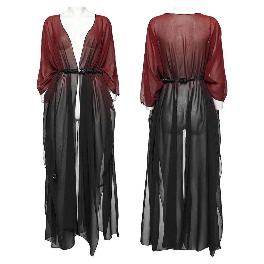 PUNK RAVE Women's Gothic Sheer Ruffled Loose Sunscreen Coat Black-Red