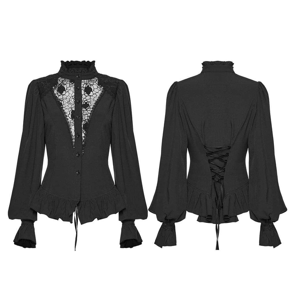 PUNK RAVE Women's Gothic Sheer Ruffled Puff Long Sleeved Shirt