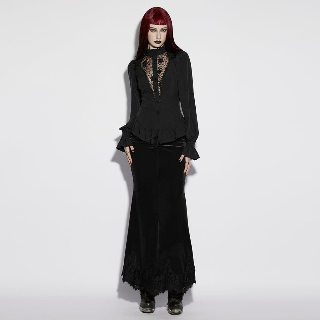 PUNK RAVE Women's Gothic Sheer Ruffled Puff Long Sleeved Shirt