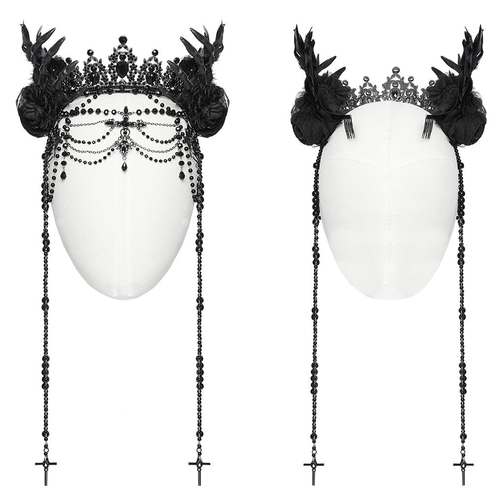 PUNK RAVE Women's Gothic Skeleton Beaded Crown Headwear Black