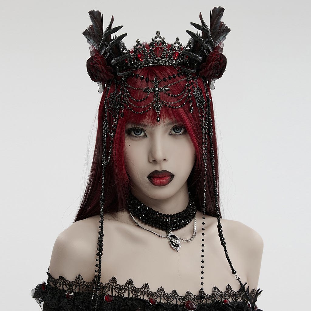 PUNK RAVE Women's Gothic Skeleton Beaded Crown Headwear Black-red