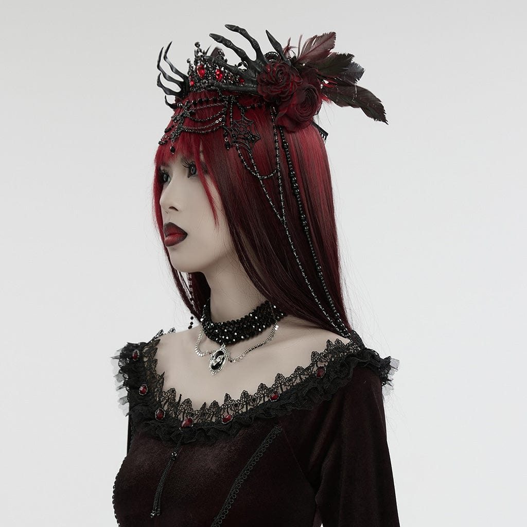 PUNK RAVE Women's Gothic Skeleton Beaded Crown Headwear Black-red