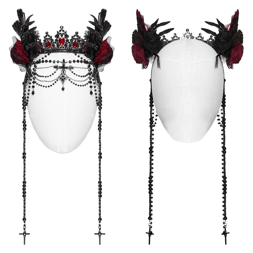 PUNK RAVE Women's Gothic Skeleton Beaded Crown Headwear Black-red