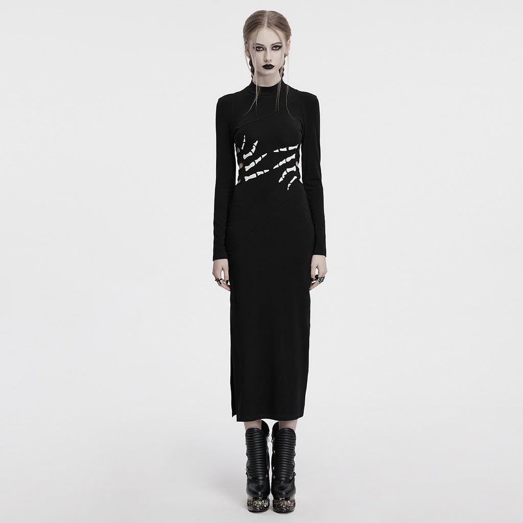 PUNK RAVE Women's Gothic Skeleton Printed Cutout Halloween Dress Black
