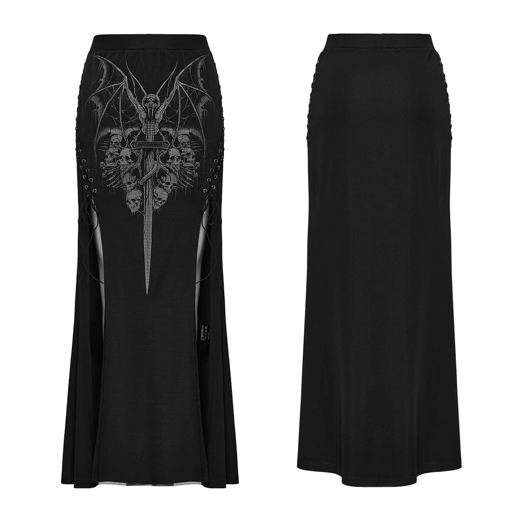 PUNK RAVE Women's Gothic Skull Printed Side Slit Skirt