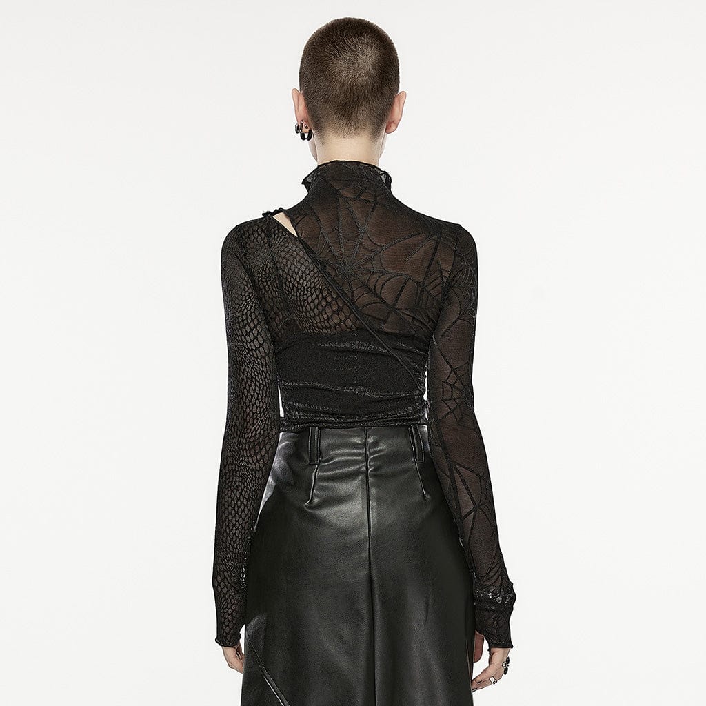 PUNK RAVE Women's Gothic Spider Mesh Splice Cutout Shirt