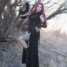 PUNK RAVE Women's Gothic Split Embossed Velvet Prom Dress with Oversleeves