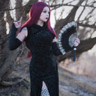 PUNK RAVE Women's Gothic Split Embossed Velvet Prom Dress with Oversleeves