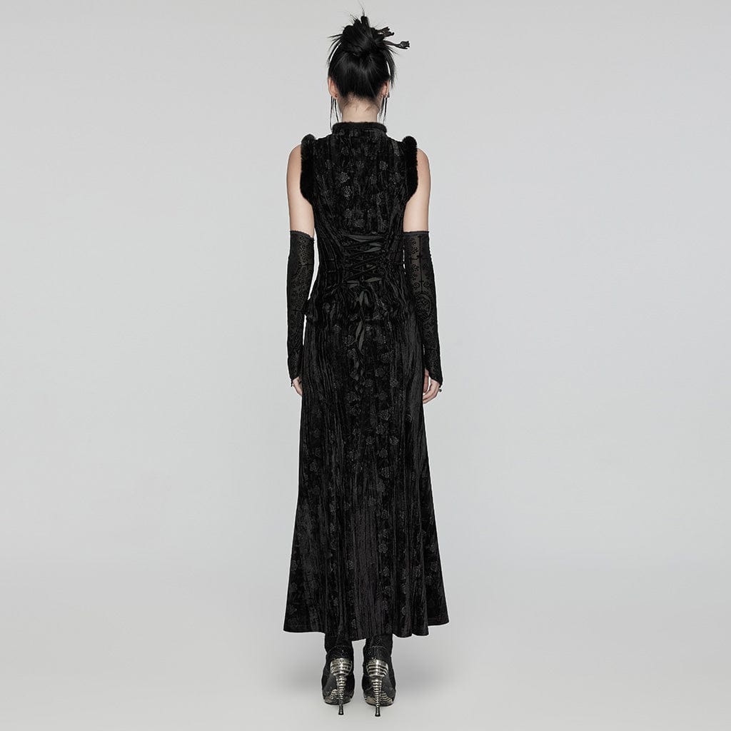 PUNK RAVE Women's Gothic Split Embossed Velvet Prom Dress with Oversleeves