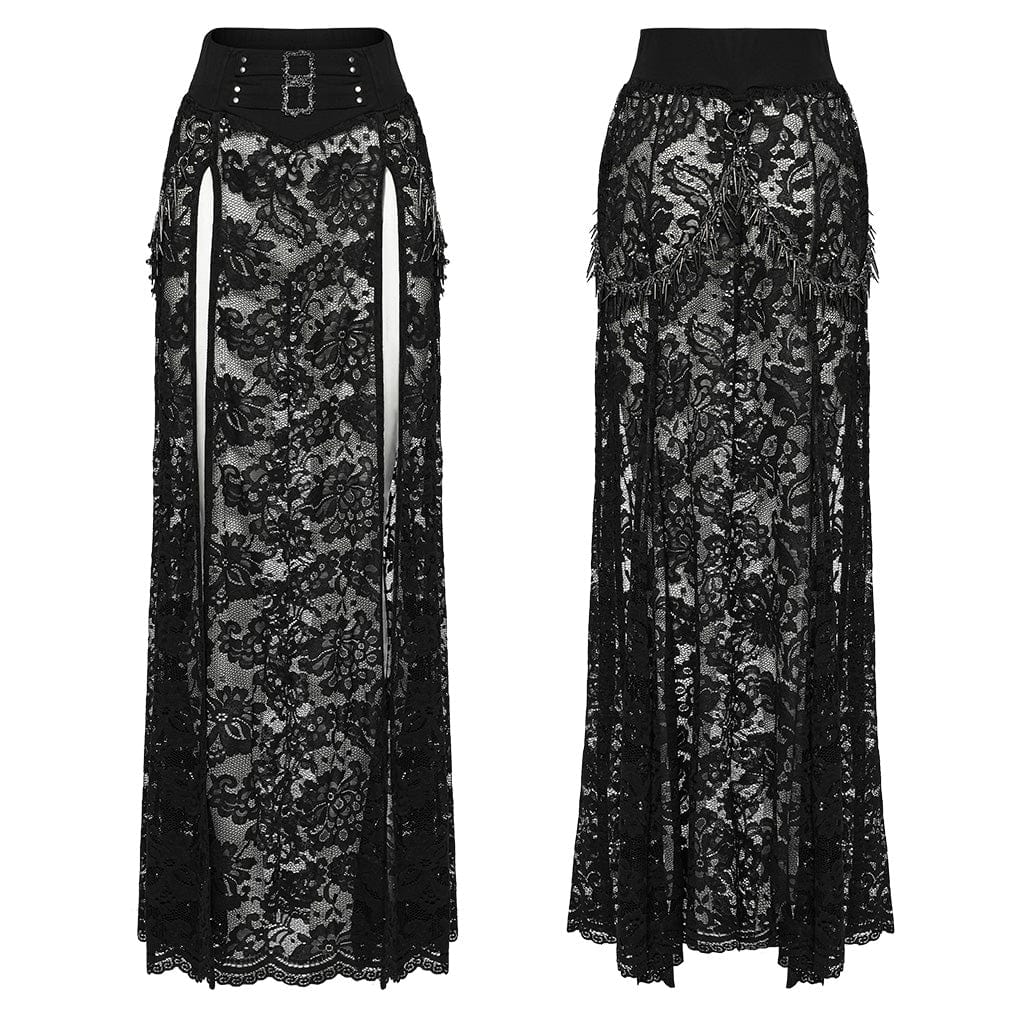 PUNK RAVE Women's Gothic Split Lace Skirt with Studded Chain