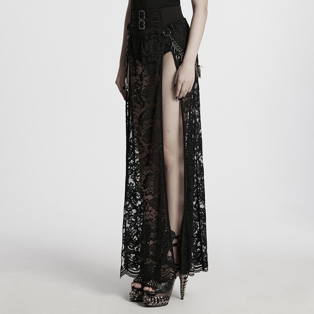 PUNK RAVE Women's Gothic Split Lace Skirt with Studded Chain