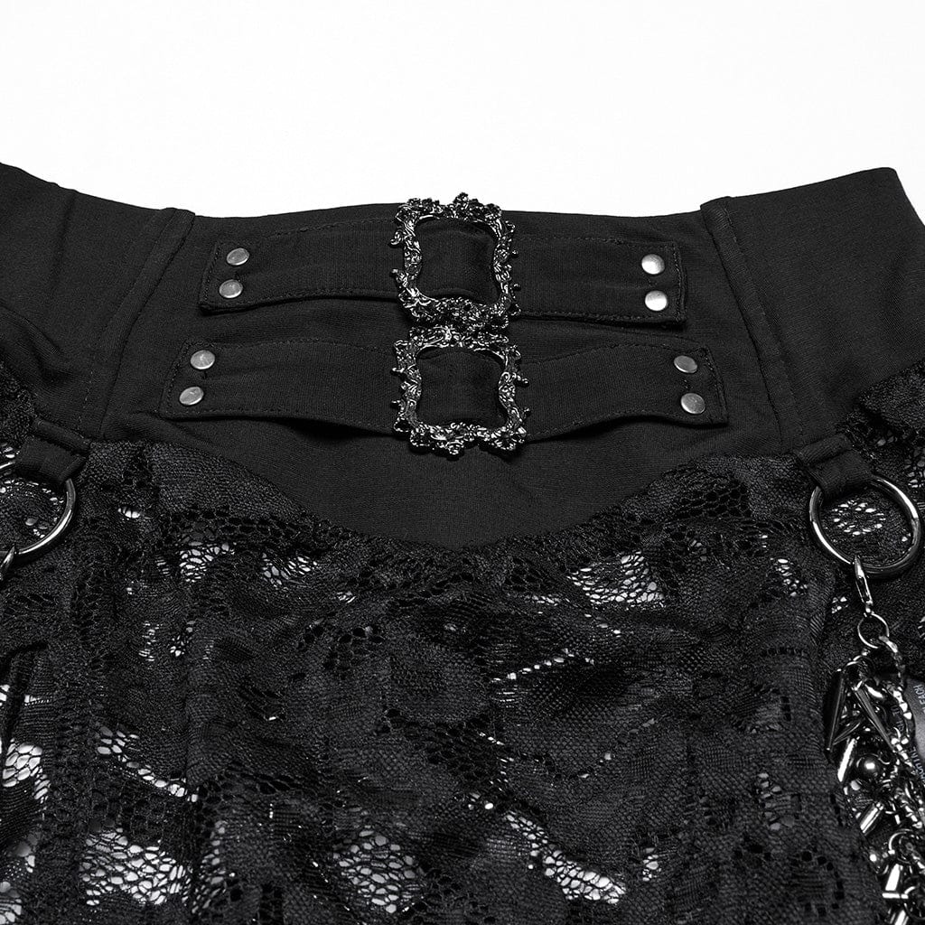 PUNK RAVE Women's Gothic Split Lace Skirt with Studded Chain