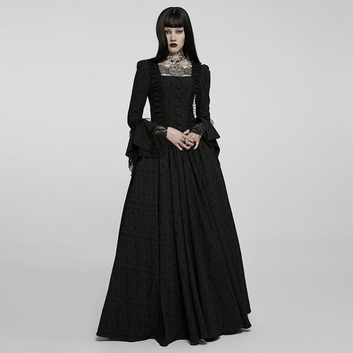 PUNK RAVE Women's Gothic Square Collar Flare Sleeved Lace Maxi Dress Wedding Dress