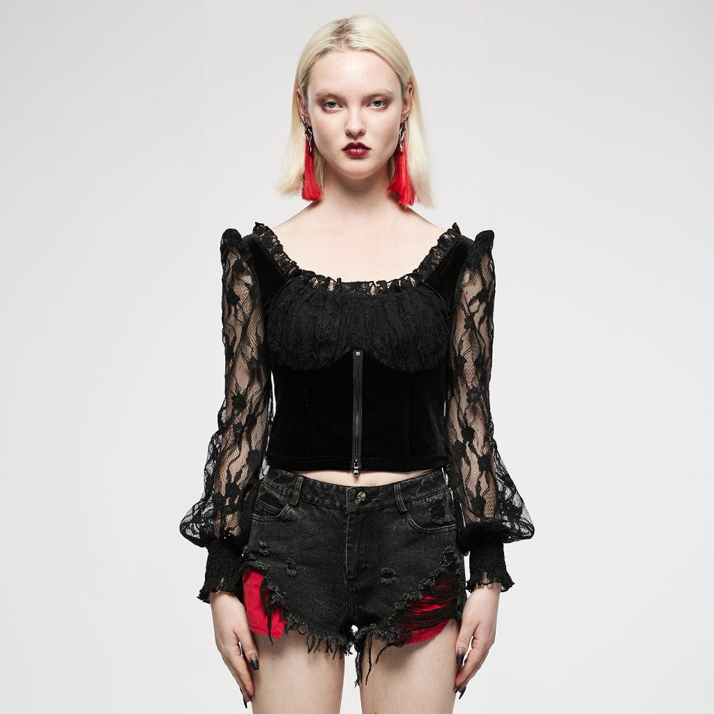 PUNK RAVE Women's Gothic Square Collar Floral Lace Sleeved Jacket