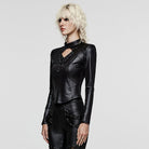 PUNK RAVE Women's Gothic Stand Collar Cutout Ruched Shirt