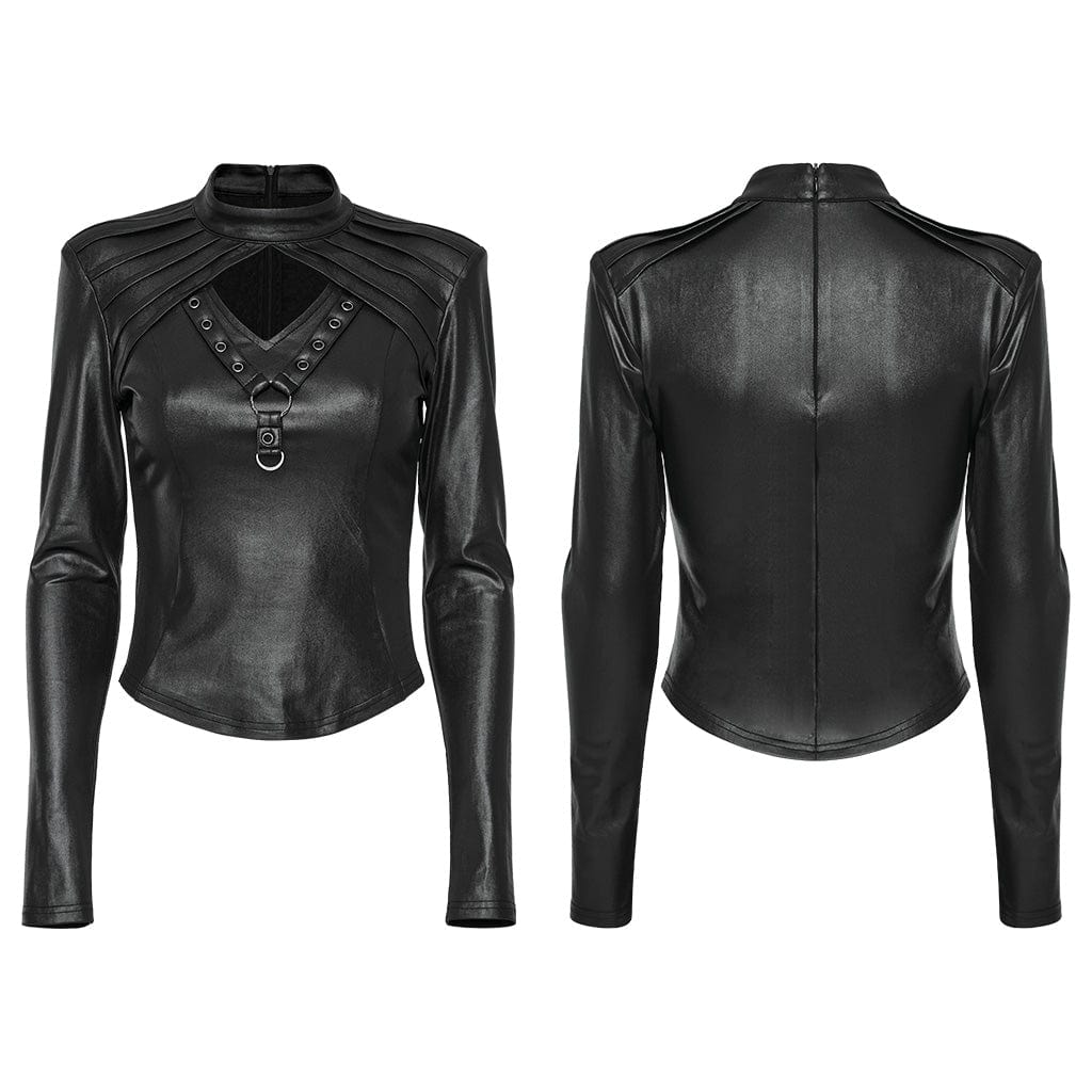 PUNK RAVE Women's Gothic Stand Collar Cutout Ruched Shirt