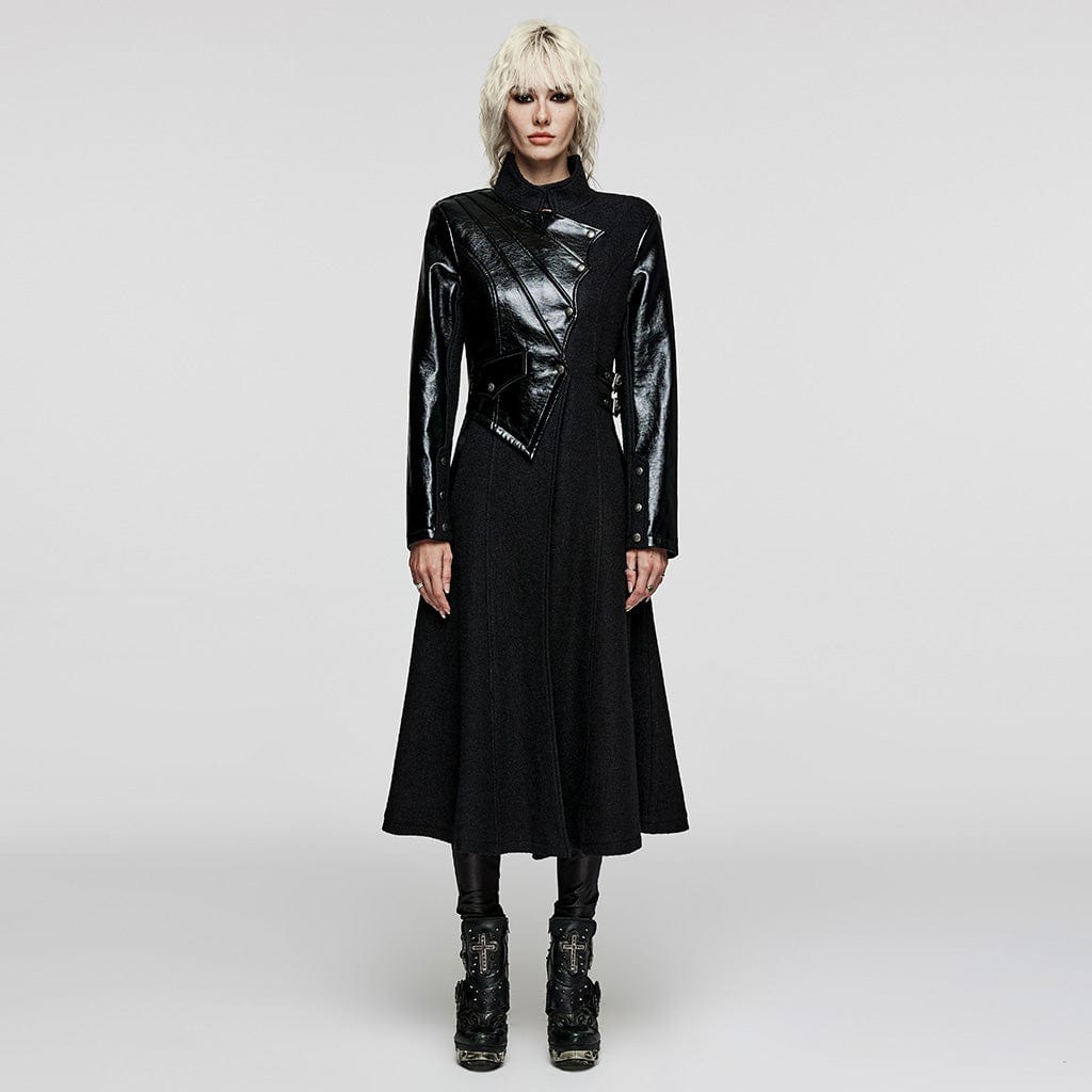 PUNK RAVE Women's Gothic Stand Collar Faux Leather Splice Wool Coat